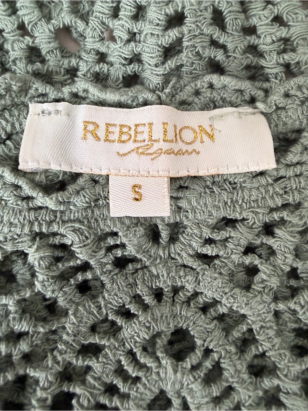 Rebellion Again Sage Green Crochet Lace Boho Top Size Small Festival Cottage - Picture 2 of 5